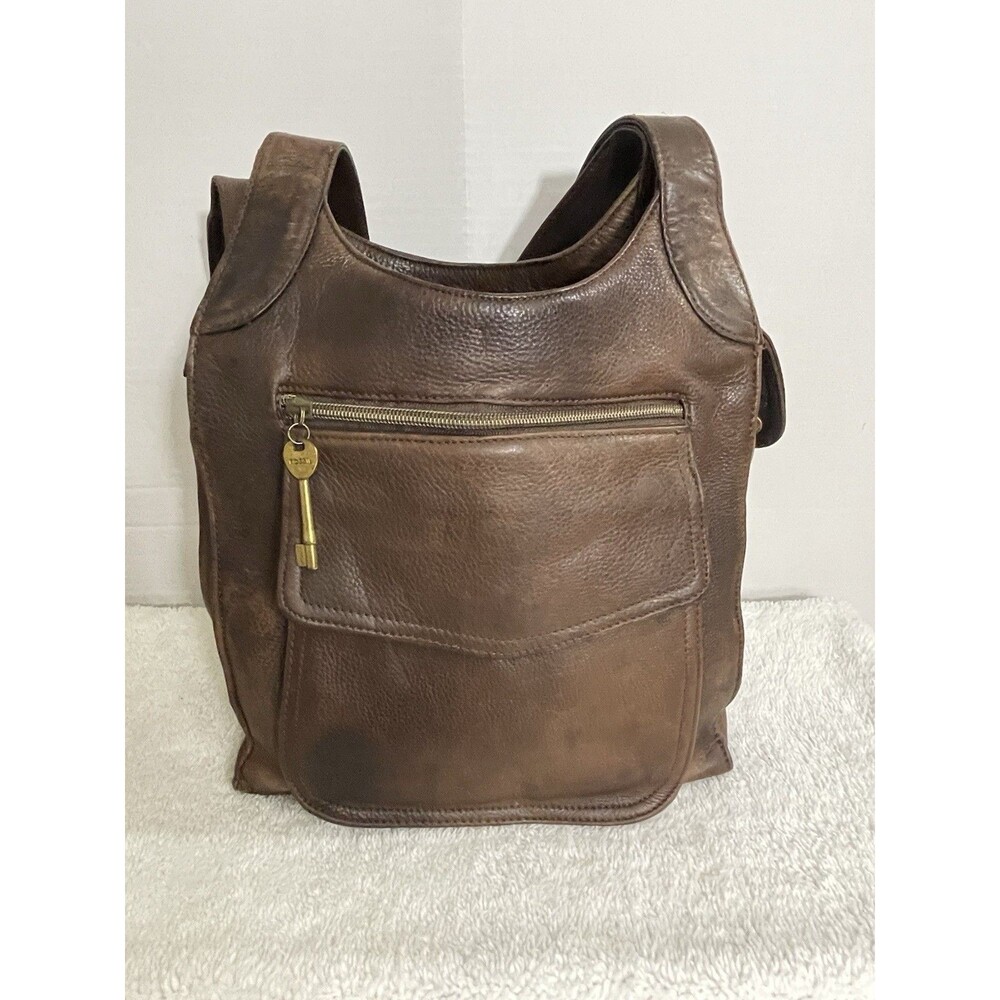 Fossil 1954 Large Brown Pebbled Leather Shoulder Bag  Charm Women’s
